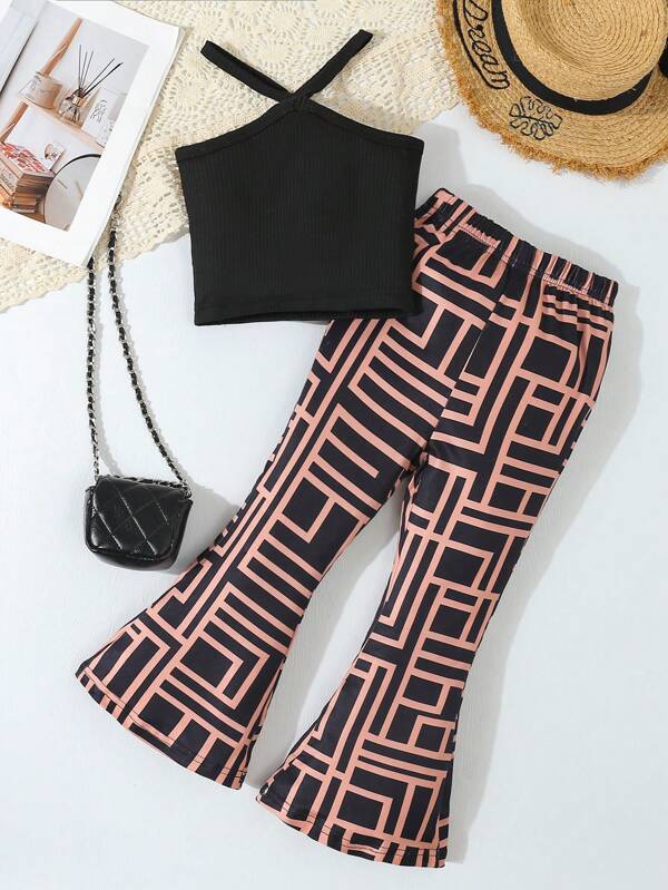 2 Stücke Mädchen Gestrickter Rippen Top und weite Hose Set, modisches Lässig Outfit, passend zu einfachen Sandalen oder niedlichen Lederschuhen, Frühling/Sommer