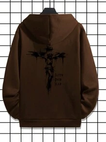 Men's Casual Loose Fit Jesus Cross And Letter Print Drawstring Hoodie Sweatshirt, Spring/Autumn, Long Sleeve Top - Brown - View 3