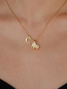 1pc Personalized Elegant Rhinestone Elephant Initial Necklace, A Fashionable, Western, Customized, Unique Gift Ideal For Friends, Family, Girlfriend, Mom, Daughter, Grandma, Suitable For Anniversary, Birthday, Daily Wear, Prom, Mother's Day, Valentine's Day, Graduation, Wedding