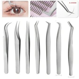 7 pièces Pinces à extension de cils en acier inoxydable haute précision - pointe droite ou incurvée pour une application parfaite - idéal pour les débutants en maquillage et l'utilisation professionnelle