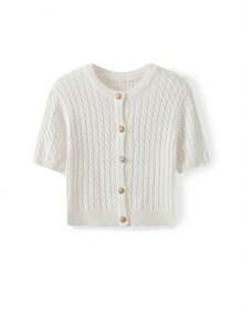 Women's Cable Knit Cardigan Solid Color Round Neck Short Sleeve Button-Front Closure Crop Sweaters - White - View 6