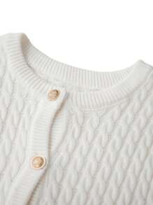 Women's Cable Knit Cardigan Solid Color Round Neck Short Sleeve Button-Front Closure Crop Sweaters - White - View 7