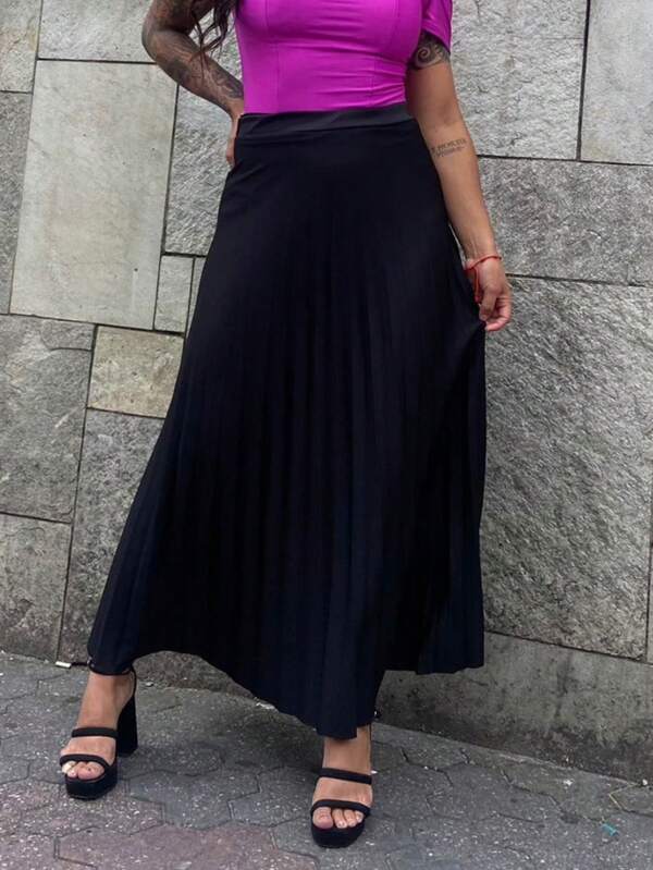 Saia Feminina Longa Plisada Média Lisa Elegante Com Forro Social Casual Elegante Barata Promoção Com Elástico na Cintura