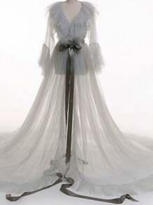Women Summer Kimono Dress, Sheer Tulle V-Neck Long Flare Sleeves Floor-Length Night-Robe Lingerie, 4 Colors - 灰色 - 查看 2
