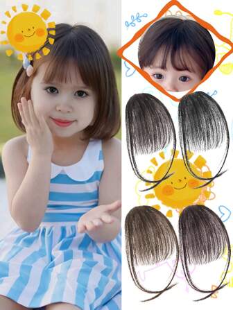 发夹式刘海儿童空气稀疏帘式扁平刘海，适合儿童，自然弯曲稀疏刘海，接发仿刘海，适合日常佩戴黑色、棕色（两种刘海样式）