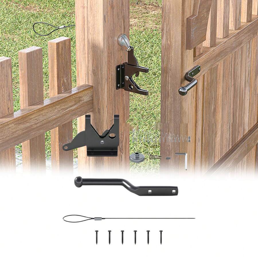 Black Carbon Steel Self-Locking Gate Gravity Latch – Spring-Loaded With Adjustable Cable Pull | For Metal & Wooden Fences - Black - View 1