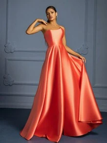VIPGIRL Elegant Coral Orange Strapless Long Party Dress For Women In Solid Color, Wedding Guest Dress - Coral Orange - View 4