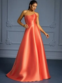 VIPGIRL Elegant Coral Orange Strapless Long Party Dress For Women In Solid Color, Wedding Guest Dress - Coral Orange - View 6