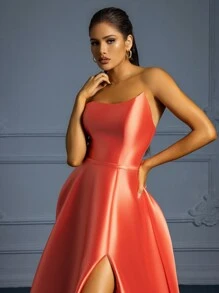 VIPGIRL Elegant Coral Orange Strapless Long Party Dress For Women In Solid Color, Wedding Guest Dress - Coral Orange - View 7