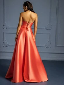 VIPGIRL Elegant Coral Orange Strapless Long Party Dress For Women In Solid Color, Wedding Guest Dress - Coral Orange - View 2