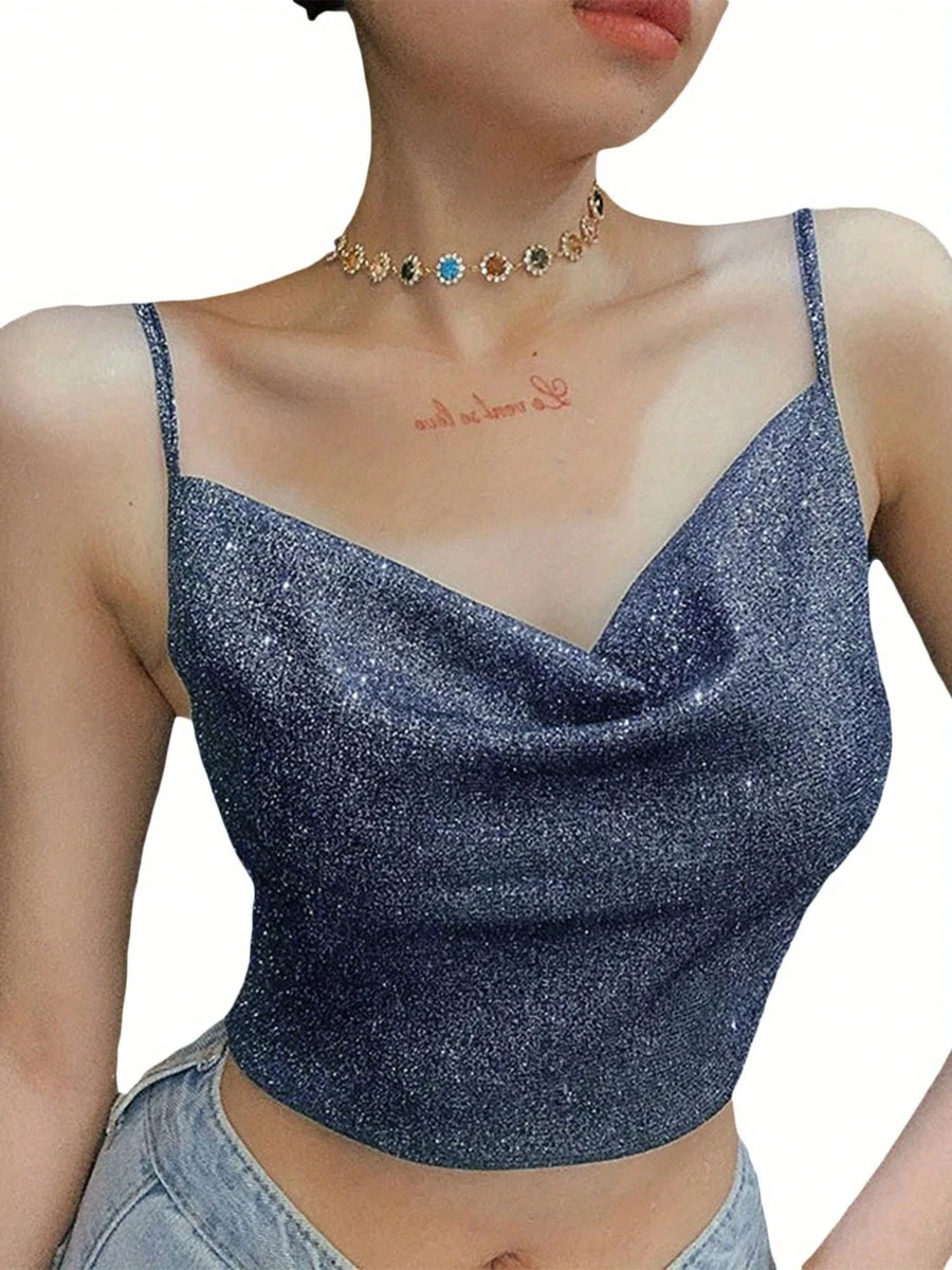Women Summer Crop Top, Black Shiny Spaghetti Straps Low Cut V-Neck Form-Fitting Tank Top For Girls - 藏青色 - 查看 1