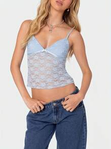 Ladies' Summer Casual Top, Exquisite Floral Lace Pattern, V-Neck, Backless, Adjustable Shoulder Straps And Sleeveless, Short Length. Lightweight, Breathable, Elastic, Soft And Skin Friendly, Comfortable To Wear. Very Suitable For Parties, Beaches, Homes, Clubs, Shopping, Dates, Vacations, Weekends, Holidays, Nights, Leisure, Schools, Outdoor, And Street Wear. - 藍色 - 查看 5