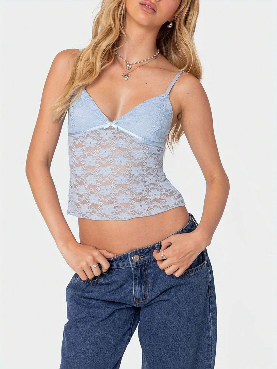 Women Crop Floral Lace Camisole Top Summer Open Back Spaghetti Strap Sleeveless Tank Shirt Fashionable Streetwear Clubwear - 藍色 - 查看 1