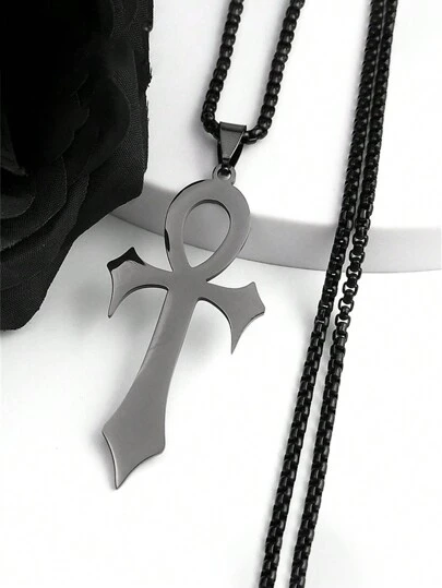 Gothic Egyptian Cross Key Of Life Necklace, Stainless Steel Black/Gold/Silver Religious Pendant Necklace, Gothic Jewelry, Holiday Gift