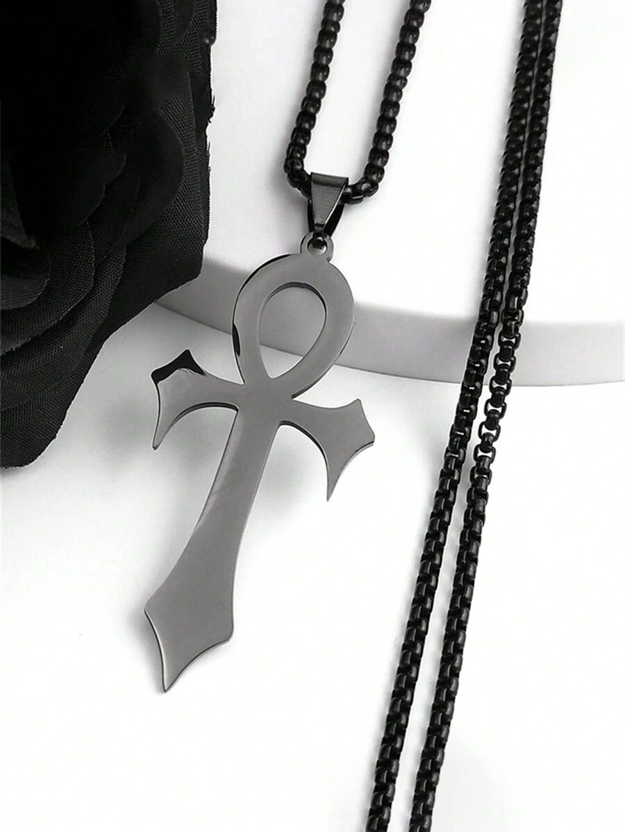 Gothic Egyptian Cross Key Of Life Necklace, Stainless Steel Black/Gold/Silver Religious Pendant Necklace, Gothic Jewelry, Holiday Gift - Multicolor - View 1