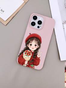 1pc Simple TPU Solid Color Leather Texture Soft Phone Case With Colorful Printing Cartoon Strawberry, Braid Girl Pattern Compatible With Iphone 15/16 Pro Max - Pink - View 4