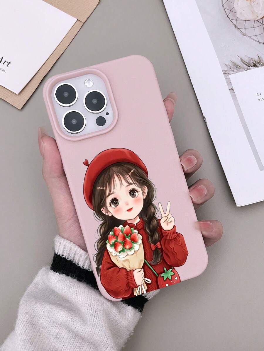 1pc Simple TPU Solid Color Leather Texture Soft Phone Case With Colorful Printing Cartoon Strawberry, Braid Girl Pattern Compatible With Iphone 15/16 Pro Max - Pink - View 1