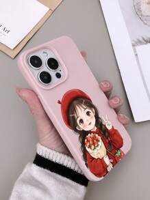 1pc Simple TPU Solid Color Leather Texture Soft Phone Case With Colorful Printing Cartoon Strawberry, Braid Girl Pattern Compatible With Iphone 15/16 Pro Max - Pink - View 3