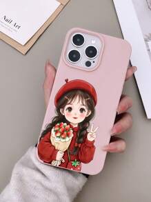 1pc Simple TPU Solid Color Leather Texture Soft Phone Case With Colorful Printing Cartoon Strawberry, Braid Girl Pattern Compatible With Iphone 15/16 Pro Max - Pink - View 2