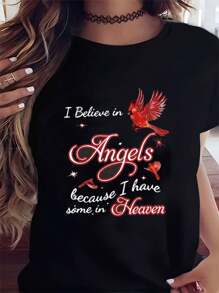 I Believe In Angels", With Cardinal Fashion Tee Women Cotton Soft Stylish Casual Short Sleeve Crew Neck Top