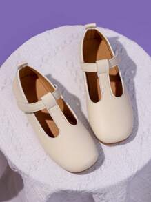 1 Pair Girl's Beige Flat Shoes, PU Material With Hook And Loop Adjustable Size Design, Round Toe, TPR Anti-Slip Comfortable Light-Weight Solid Color Dance Shoes, Suitable For Girls Aged 5-14, For School, Party, Outdoor Daily Casual Wear - Beige - View 2