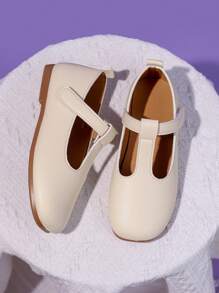 1 Pair Girl's Beige Flat Shoes, PU Material With Hook And Loop Adjustable Size Design, Round Toe, TPR Anti-Slip Comfortable Light-Weight Solid Color Dance Shoes, Suitable For Girls Aged 5-14, For School, Party, Outdoor Daily Casual Wear - Beige - View 3