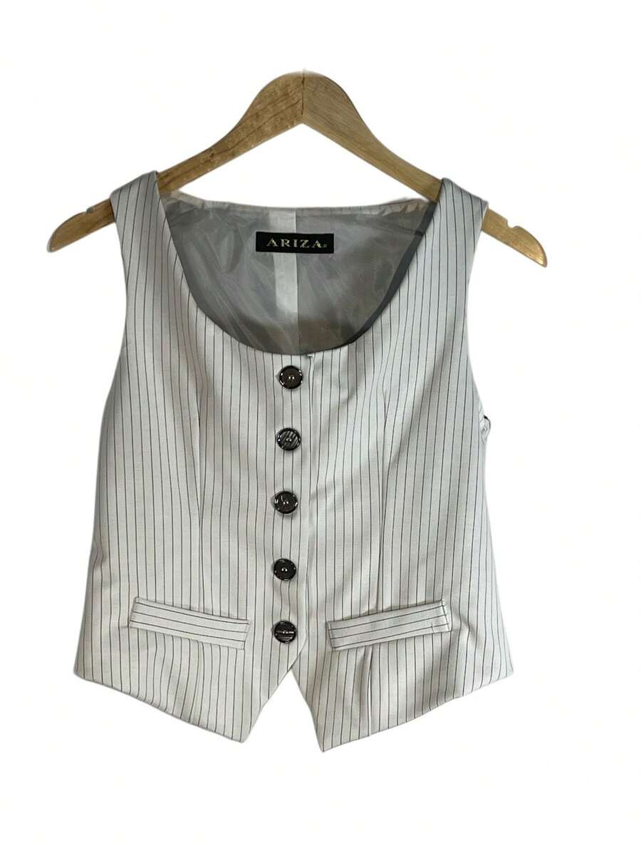 chaleco corto formal, cuello redondo con estampado de rayas con botones - Blanco y Negro - Ver 1