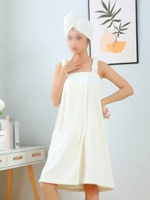 SHEIN X Milania Coral Velvet Solid Color Hook And Loop Bathrobe + Shower Cap, Fashionable Item, Super Soft & Absorbent, Skin-Friendly, Romantic Style, Suitable For Couples, Ideal For Home, Bathroom, Gym, Hotel, Essential For Daily Use, Great Gift For Valentine's Day Or Mother's Day