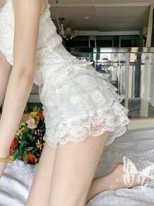 Women's Summer Lace Shorts Elastic Waist Layered Lace Ruffle Bow Shorts Bloomer Shorts Y2K Pettipants Pajama Sexy Boyshorts - trắng - Xem 7