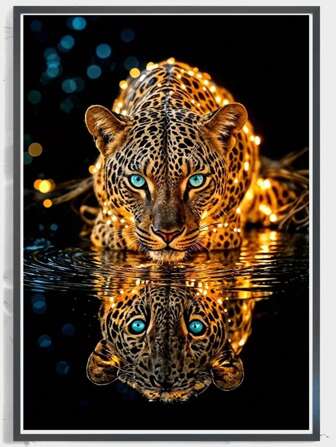 5D Diamond Painting Kit, Lake Golden Leopard Drinking Water Artwork, Full Round Acrylic Crystal Painting For Wall Decor, Jewel Crafts Gift