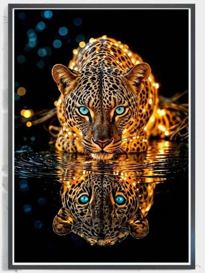 5D Diamond Painting Kit, Lake-Side Golden Leopard Drinking Water Art Painting, Full Drill Round Acrylic Craft Painting, For Wall Decor Craft Gift