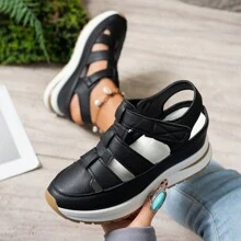 1 双女士夏季休闲厚底坡跟凉鞋，钩环易穿脱，软底防滑隐形高跟鞋 - 黑色 - 查看 2