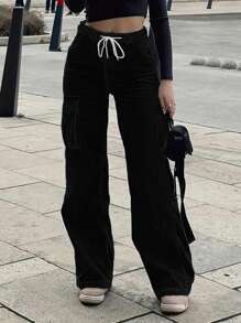 Women's High Waisted Baggy Jeans - Y2K Vintage Loose Wide Leg Denim Pants With Drawstring Waist, Multiple Pockets, Non-Stretch Casual Jeans For Women - 黑色 - 查看 2