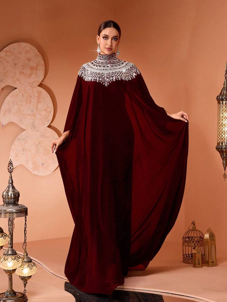 Solessence New Fashionable Luxury Elegant Sequin & Sequins Lace Applique Batwing Sleeve 2-Piece Set Women's Glamorous Long Robe Dress (Size Runs Large, Customers Are Advised To Check Size When Ordering) - Burgundy - View 4