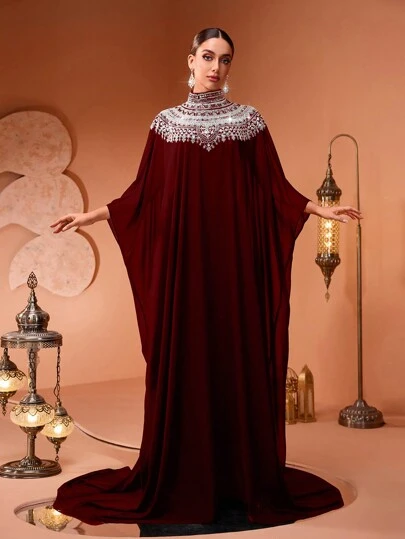 New Fashionable Luxury Elegant Sequin & Sequins Lace Applique Batwing Sleeve 2-Piece Set Women's Glamorous Long Robe Dress (Size Runs Large, Customers Are Advised To Check Size When Ordering) Eid