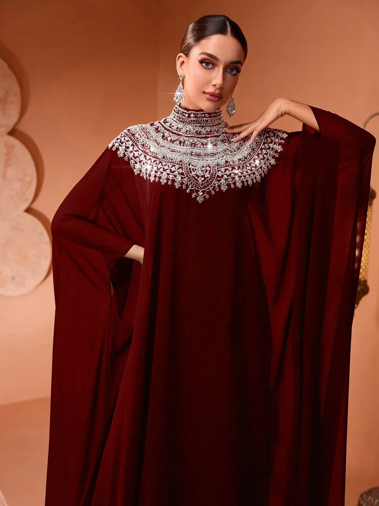 Solessence New Fashionable Luxury Elegant Sequin & Sequins Lace Applique Batwing Sleeve 2-Piece Set Women's Glamorous Long Robe Dress (Size Runs Large, Customers Are Advised To Check Size When Ordering) - Burgundy - View 7