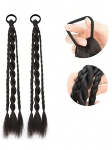 2 件女孩儿童合成头发自然辫子马尾假发带橡皮筋自然时尚芭蕾风格假发辫子发饰，蝴蝶结装饰扭辫马尾假发，