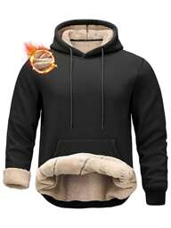 1pc Men's Sherpa Hoodie Sweatshirt, Winter Thick Warm Wool Lining Pullover With Kangaroo Pocket,Fleece