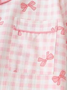 2 件套女士格子蝴蝶结印花 V 领纽扣装饰短袖上衣和裤子睡衣套装，舒适家居服适合夏季，两件套 - 淺粉色 - 查看 4