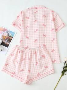 2 件套女士格子蝴蝶结印花 V 领纽扣装饰短袖上衣和裤子睡衣套装，舒适家居服适合夏季，两件套 - 淺粉色 - 查看 2