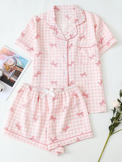 2pcs/Set Women Plaid Bow Print V-Neck Button Decor Short Sleeve Top And Pants Pajama Set, Comfortable Home Wear Suitable For Summer,Two Pieces Set