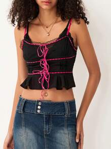 Women 's Sheer Mesh Cami Tops Lace Trim Adjustable Strap See Through V Neck Crop Tops Summer Going Out Tank T Shirt - màu đen - Xem 1