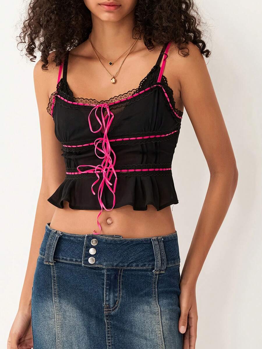 Women 's Sheer Mesh Cami Tops Lace Trim Adjustable Strap See Through V Neck Crop Tops Summer Going Out Tank T Shirt - màu đen - Xem 1