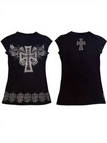 Womens E-Girls Short Sleeve Crop Top Fairy Grunge Graphic Cross Print T-Shirts Gothic Basic Tee Y2K Aesthetic Tops Streetwear - màu đen - Xem 2