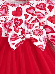 Baby Girls' Valentine's Day Cap Sleeve Ruffle Princess Dress, With Heart Print, Rib Knit Top Mesh Dress With Bowknot Waist, Spring/Autumn - Red - View 6