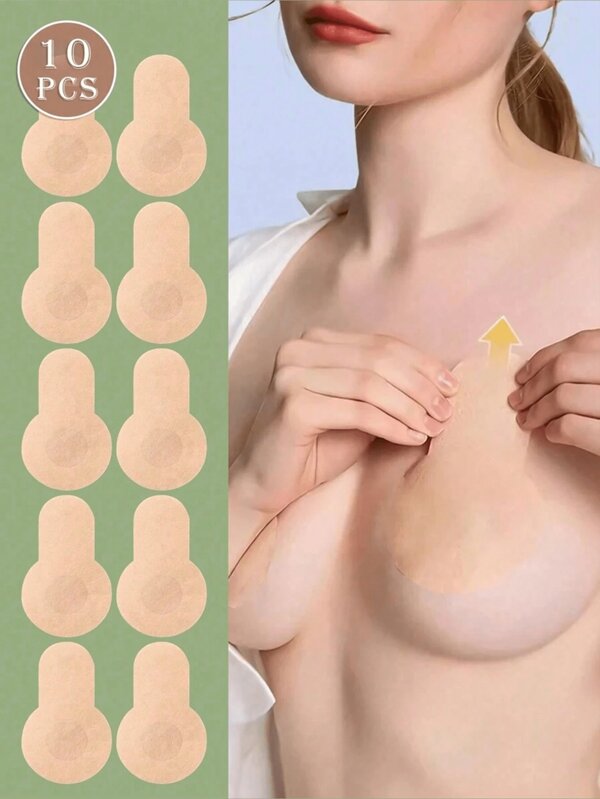 10pcs Women's Disposable Self-Adhesive Bra Nipple Cover Sticker With Lift Tape, Strapless Backless Invisible Bra Nipple Cover For Breast Boob Lift, With Seamless & Push-Up Design