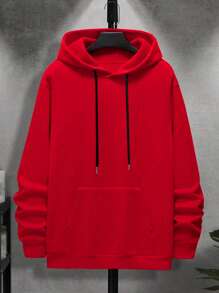 Men's Casual Loose Fit Drawstring Hoodie With Letter Print, Suitable For Spring And Autumn, Long Sleeve Top - Red - View 3