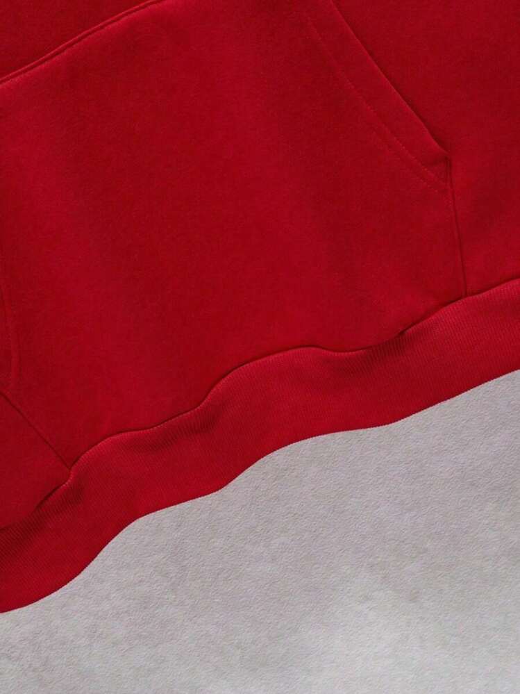 男士休闲宽松抽绳连帽衫，字母印花，适合春秋季穿着，长袖上衣 - 紅色 - 查看 6