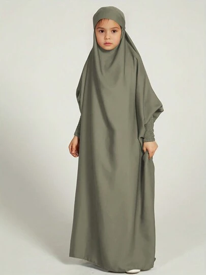 Muslimsk tween-flickor, flickor, abaya, enfärgad lång kaftan, abaya, enfant-mantel, klänning, tween-flickor, present (ej avtagbar turban)