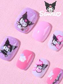 Sanrio 24 pièces Ongles carrés courts de Kuromi Sanrio. Faux ongles Sanrio Kuromi mignons à presser. Ensemble de faux ongles pour enfants. Ongles Hello chat pour enfants et filles pour un usage quotidien